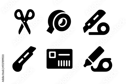 Packing Tools Icons. Solid, filled icon set of bubble wrap related tools: packing scissors, packing tape, cutter knife, measuring tape, box cutter, shipping