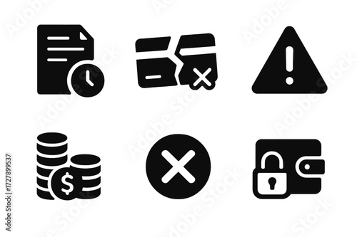 Bad Credit Icons. Solid, filled icon set of bad credit: overdue bill, broken credit card, declined payment, warning alert, debt pile, red cross stamp, locked