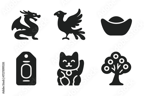 Fortune Myth Icon Grid. Solid, filled icon set of fortune mythology: dragon, phoenix, lucky cat, gold ingot, talisman, amulet, lucky fish, tree of prosperity.