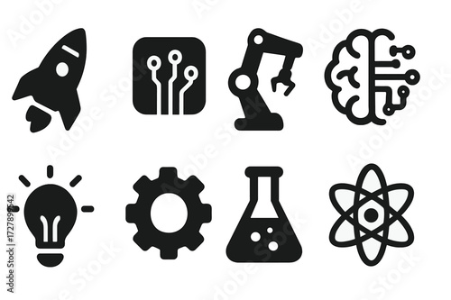 Innovation Icons Grid. Solid, filled icon set of innovation solutions: rocket, circuit board, robot arm, AI brain, light bulb spark, gear cog, laboratory