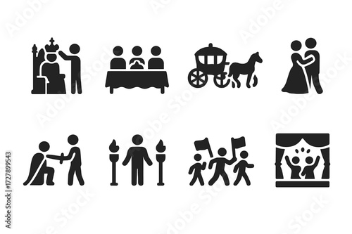 Royal Events Icons. Solid, filled icon set of royal events: coronation, banquet, procession, royal ball, investiture, ceremony, parade, gala. Solid, filled