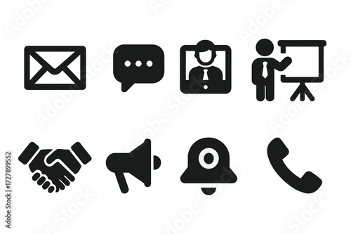 Manager Communication Icons. Solid, filled icon set of manager communication: email, chat, video call, presentation, handshake, announcement, notification,