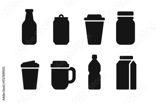 Drink Container Icons. Solid, filled icon set of drink containers: glass bottle, soda can, paper cup, mason jar, travel tumbler, mug with lid, reusable bottle,