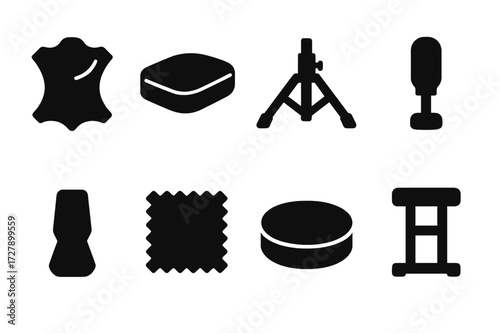 Drum Throne Icon Set. Solid, filled icon set of drum throne materials: leather seat, foam cushion, metal legs, plastic knobs, rubber feet, fabric cover, wooden