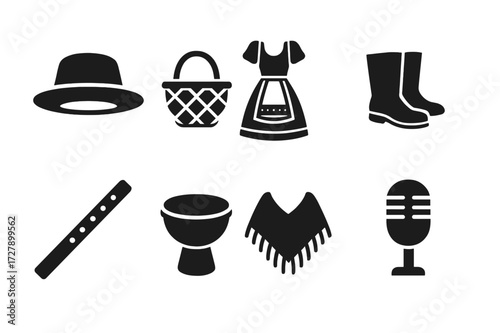 Folk Music Icons. Solid, filled icon set of folk music accessories: straw hat, woven basket, folk dress, leather boots, wooden flute, hand drum, shawl, vintage