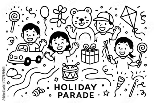 Playful Parade Doodles. Hand-drawn doodle illustration Holiday parade with children kids waving, candy, balloon animal, mascot, toy drum, kite, gift box,