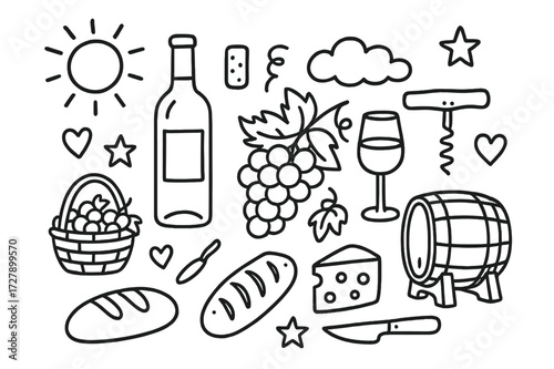 Vineyard Doodle Icons. Hand-drawn doodle illustration Vineyard and wine theme [wine bottle, cork, corkscrew, grapes, vine leaf, glass, barrel, basket, sun,
