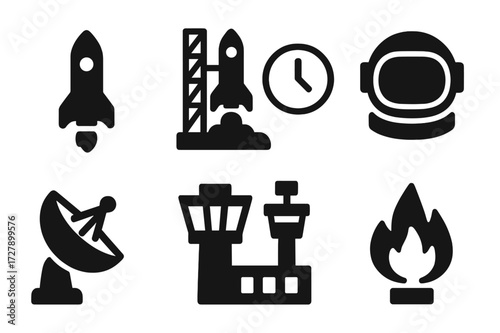 Spacecraft Launch Icons. Solid, filled icon set of spacecraft launch: rocket, launchpad, smoke plume, countdown clock, astronaut helmet, satellite dish,