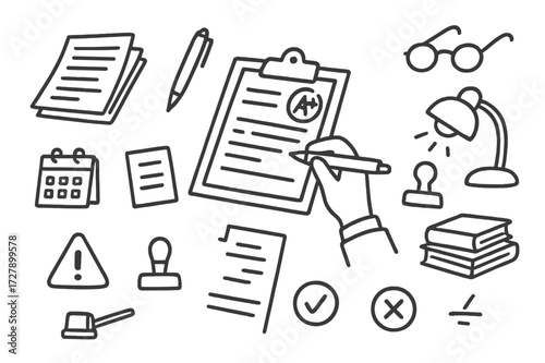 Teacher's Grading Essentials. Hand-drawn doodle illustration grading papers teacher?s hand, exam paper, pen, grade mark, clipboard, stack of sheets, magnifying
