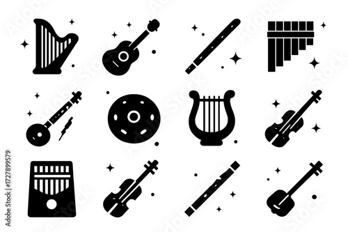 Calm Musical Icons. Calm instruments. Solid icons set of calm instruments: harp, acoustic guitar, flute, panpipes, sitar, handpan, lyre, violin, kalimba,