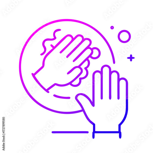 Hand washing concept design illustration in gradient color. The image shows two hands being washed inside a soap bubble with purple and blue gradient