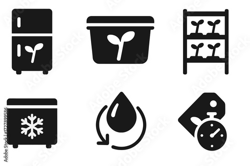 Bean Sprout Storage Icons. Solid, filled icon set of bean sprout storage: refrigerator, airtight container, plastic bag, shelf, freezer, humidity control,