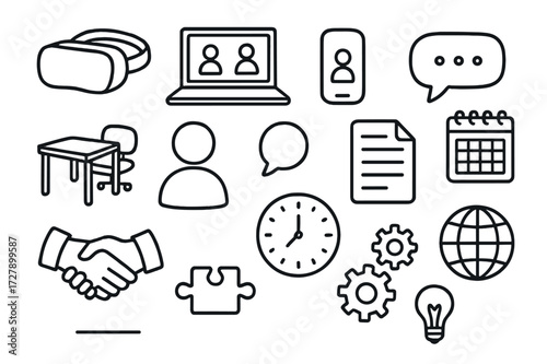 Hybrid Meeting Doodles. Hand-drawn doodle illustration hybrid meetings VR headset, laptop, smartphone, avatar, desk, chair, speech bubble, document, calendar,