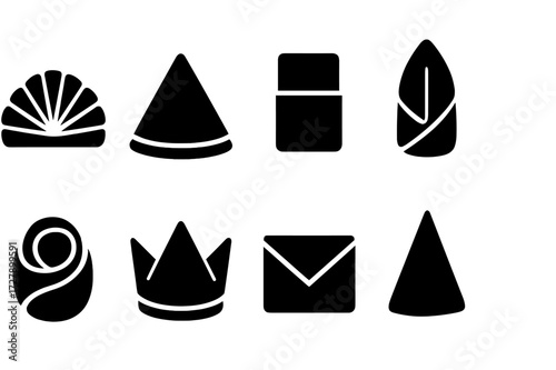 Napkin Fold Icons. Solid, filled icon set of napkin fold styles: fan fold, pyramid fold, pocket fold, bishop?s hat, rose fold, crown fold, envelope fold,