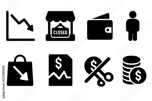 Economic Downturn Icons. Solid, filled icon set of economic downturn indicators: falling graph, closed shop, empty wallet, unemployment, bankruptcy, reduced