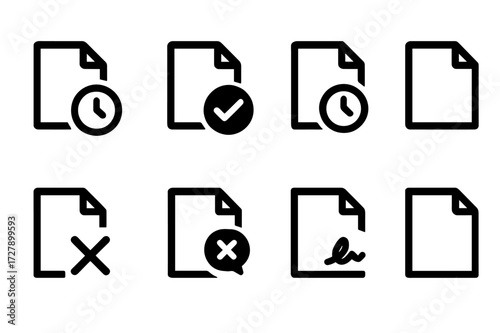 Contract Status Icons. Solid, filled icon set of contract statuses: pending, active, expired, cancelled, renewed, disputed, signed, unsigned. [Line icons in