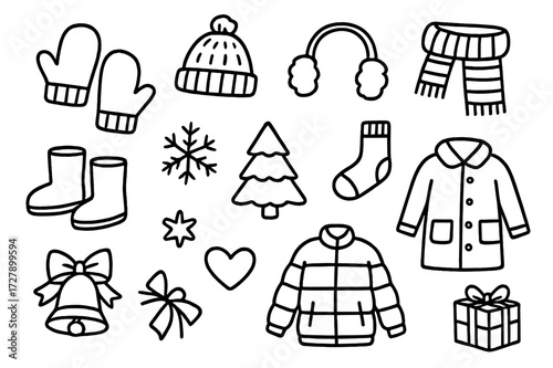 Winter Accessories Doodle. Hand-drawn doodle illustration Winter accessories mittens mitten, knit hat, earmuffs, scarf, boots, snowflake, pine tree, sock,