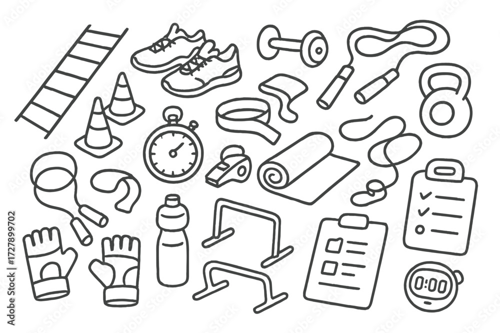 Fototapeta premium Fitness Equipment Doodle. Hand-drawn doodle illustration [fitness training equipment] [agility ladder, sneakers, cones, dumbbell, jump rope, resistance band,