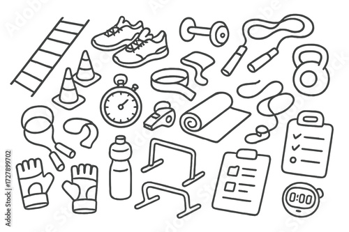 Fitness Equipment Doodle. Hand-drawn doodle illustration [fitness training equipment] [agility ladder, sneakers, cones, dumbbell, jump rope, resistance band,