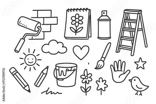 Mural Creation Doodle. Hand-drawn doodle illustration [Drawing a mural] [paint roller, wall, sketch pad, ladder, spray can, paint bucket, pencil, sun, cloud,