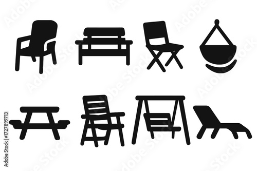 Outdoor Seating Icons. Solid, filled icon set of outdoor seating: patio chair, garden bench, camping chair, hammock seat, picnic bench, folding lawn chair,