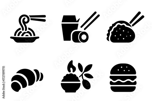 Cuisine Icon Grid. Solid, filled icon set of menu cuisine types: Italian, Chinese, Mexican, French, Japanese, Indian, Mediterranean, American. Solid, filled