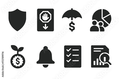 Risk Management Icons. Solid, filled icon set of risk management tools: shield, stop loss, insurance, diversification, hedge, alert bell, checklist, audit