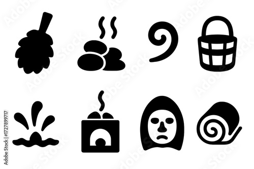 Sauna Tradition Icons. Solid, filled icon set of sauna traditions: birch whisk, hot stones, steam swirl, wooden bucket, water splash, sauna stove, spirit face,