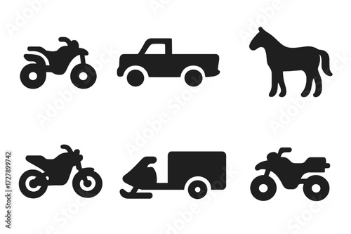Hunting Vehicle Icons. Solid, filled icon set of hunting vehicles: ATV, pickup truck, boat, horse, dirt bike, snowmobile, trailer, quad bike. Solid, filled