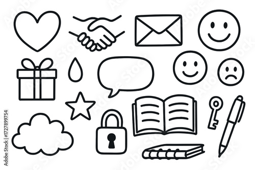 Friendship Doodle Icons. Hand-drawn doodle illustration Friendship confession heart, handshake, open letter, speech bubble, smiling face, sad face, tear drop,