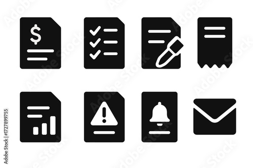 Red Documentation Icons. Solid, filled icon set of red numbers documentation: invoices, statements, contracts, receipts, reports, alerts, notifications,