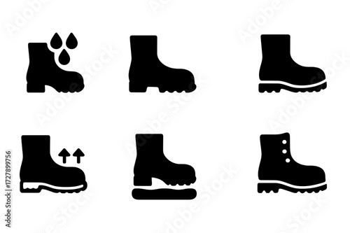 Boot Feature Icons. Solid, filled icon set of boot features: waterproof, insulated, steel toe, slip resistant, breathable, reinforced, cushioned, high ankle.