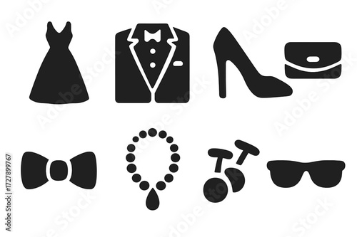 Red Carpet Icons. Solid, filled icon set of red carpet fashion: evening gown, tuxedo, high heels, clutch bag, bow tie, necklace, cufflinks, sunglasses. Solid,