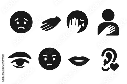 Emotional Whisper Icons. Solid, filled icon set of emotional whispers: worried face, comforting hand, hidden tear, hand to chest, shadowed eye, concerned look,