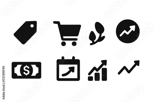 Inflation Icon Set. Solid, filled icon set of inflation indicators: price tag, shopping cart, bar chart, inflation rate, dollar bill, economic calendar,