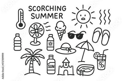 Summer Essentials Icons. Hand-drawn doodle illustration [Scorching summer] [sun, wavy heat lines, thermometer, sunglasses, fan, ice cream, flip-flops, palm