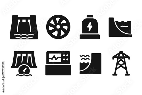 Hydroelectric Power Icons. Solid, filled icon set of hydroelectric power: dam wall, water turbine, spillway, generator, control room, reservoir, water flow