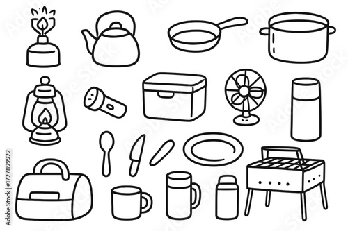 Camping Gear Doodles. Hand-drawn doodle illustration Camping appliances portable stove, kettle, pan, pot, lantern, flashlight, cooler box, fan, mug, spoon,