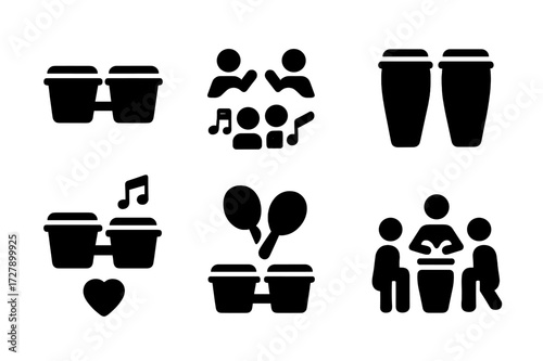 Bongo Rhythms Icon Set. Solid, filled icon set of bongo rhythms: mambo, salsa, son, rumba, cha-cha, bolero, timba, guaguanco. Solid, filled icons in only black