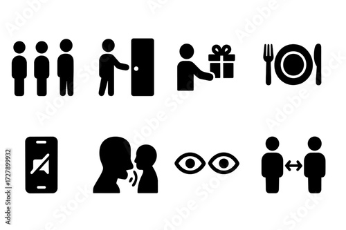 Social Etiquette Icons. Solid, filled icon set of social etiquette: queue line, door holding, gift giving, table manners, phone silence, respectful listening,