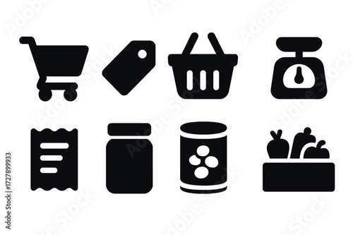 Grocery Icon Set. Solid, filled icon set of grocery shopping: shopping cart, price tag, basket, scale, receipt, jar, canned lentils, produce aisle. [Line icons