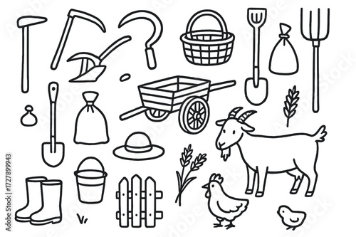 Peasant Life Tools. Hand-drawn doodle illustration peasant life tools hoe, plow, sickle, pitchfork, basket, shovel, sack, wooden cart, bucket, fence, boots,