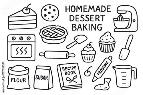 Homemade Dessert Doodles. Hand-drawn doodle illustration Homemade dessert baking [cake slice, cookie, pie, muffin, rolling pin, oven, mixer, recipe book,