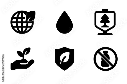 Eco-Friendly Icon Set. Solid, filled icon set of eco-friendly conservation: globe with leaf, water droplet, protected animal, nature reserve, tree planting,