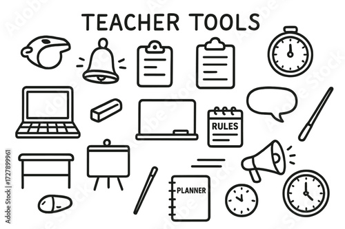 Teacher Tools Icons. Hand-drawn doodle illustration Teacher Tools whistle, bell, clipboard, timer, laptop, chalk, whiteboard, calendar, rule chart, pointer