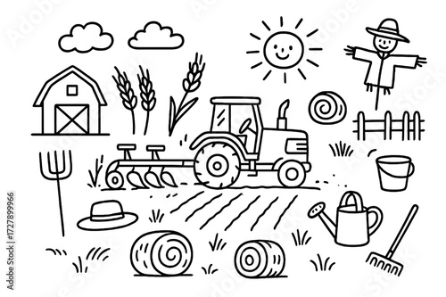 Farming Doodle Icons. Hand-drawn doodle illustration Tractor farming in fall, tractor, plow, wheat stalks, hay bales, barn, farmer hat, pitchfork, wheel