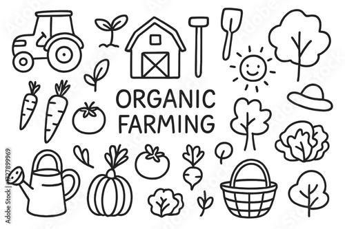 Organic Farming Doodles. Hand-drawn doodle illustration Organic farming tractor, barn, sprout, leaf, sun, carrot, tomato, pumpkin, lettuce, radish, watering
