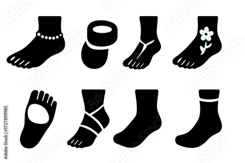 Foot Accessories Icons. Solid, filled icon set of feet accessories: anklet, toe ring, foot chain, foot tattoo, foot pad, bandage, foot sleeve, compression