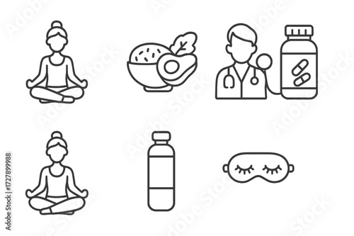 Mother's Wellness Icons. Outline icon set of mother?s health and wellness: yoga pose, healthy meal, doctor checkup, vitamins, meditation, water bottle, sleep