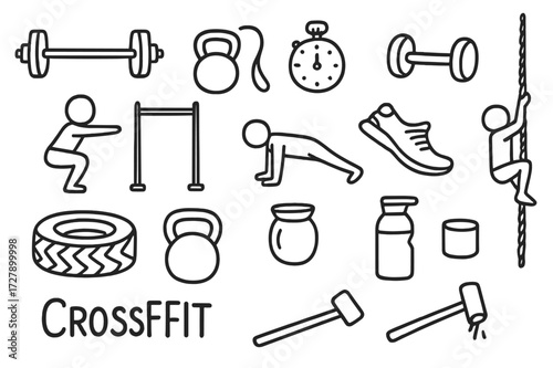 Crossfit Essentials Doodle. Hand-drawn doodle illustration crossfit workouts barbell, kettlebell, jump rope, stopwatch, dumbbell, running shoe, pull-up bar,